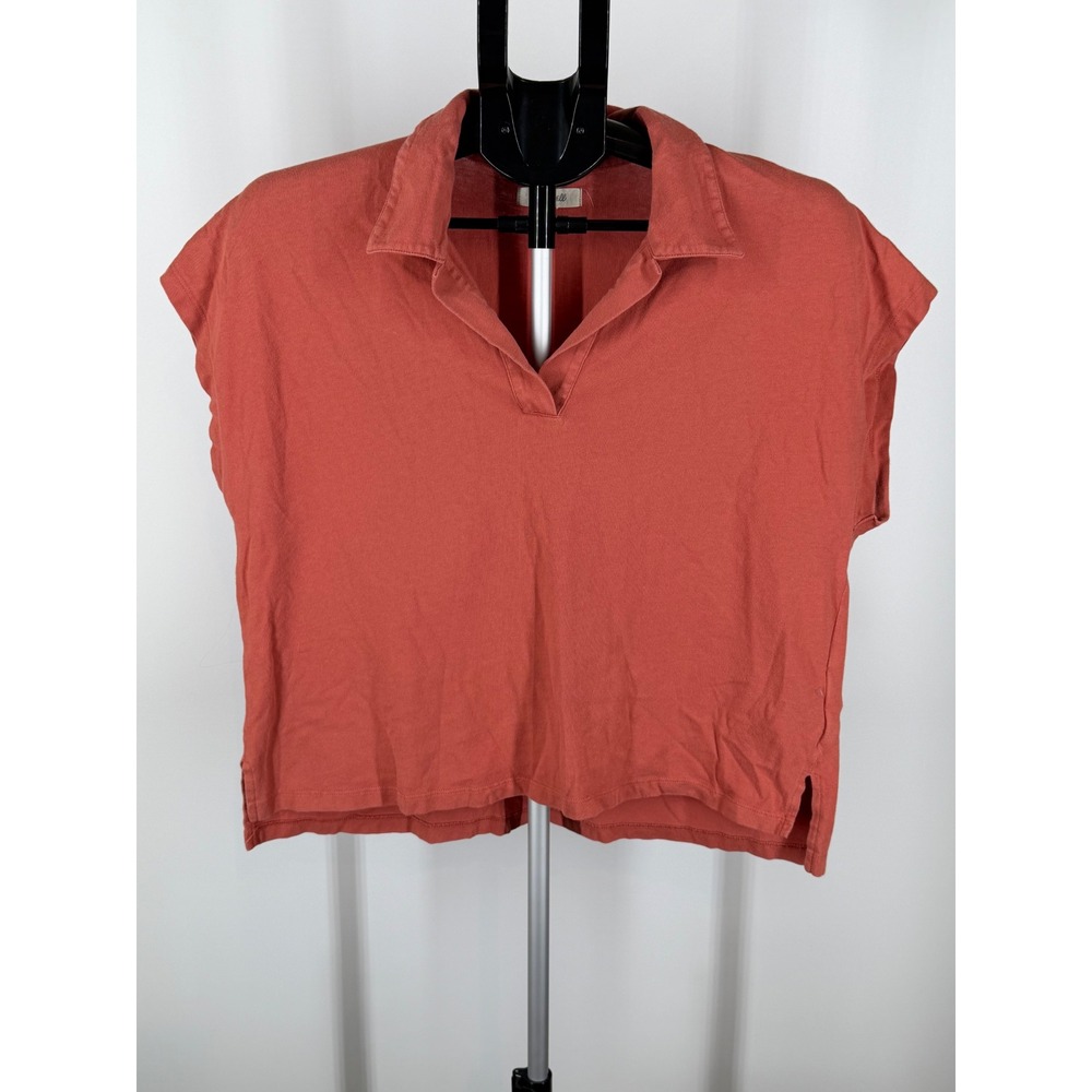 Madewell Women Rust Terracotta Cotton Jersey Polo‎ V-Neck Cap Sleeve Top Large